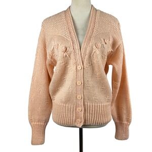 Vintage Koret‎ Hand Knit Cardigan Sweater Peach Floral Applique Wool Women Large